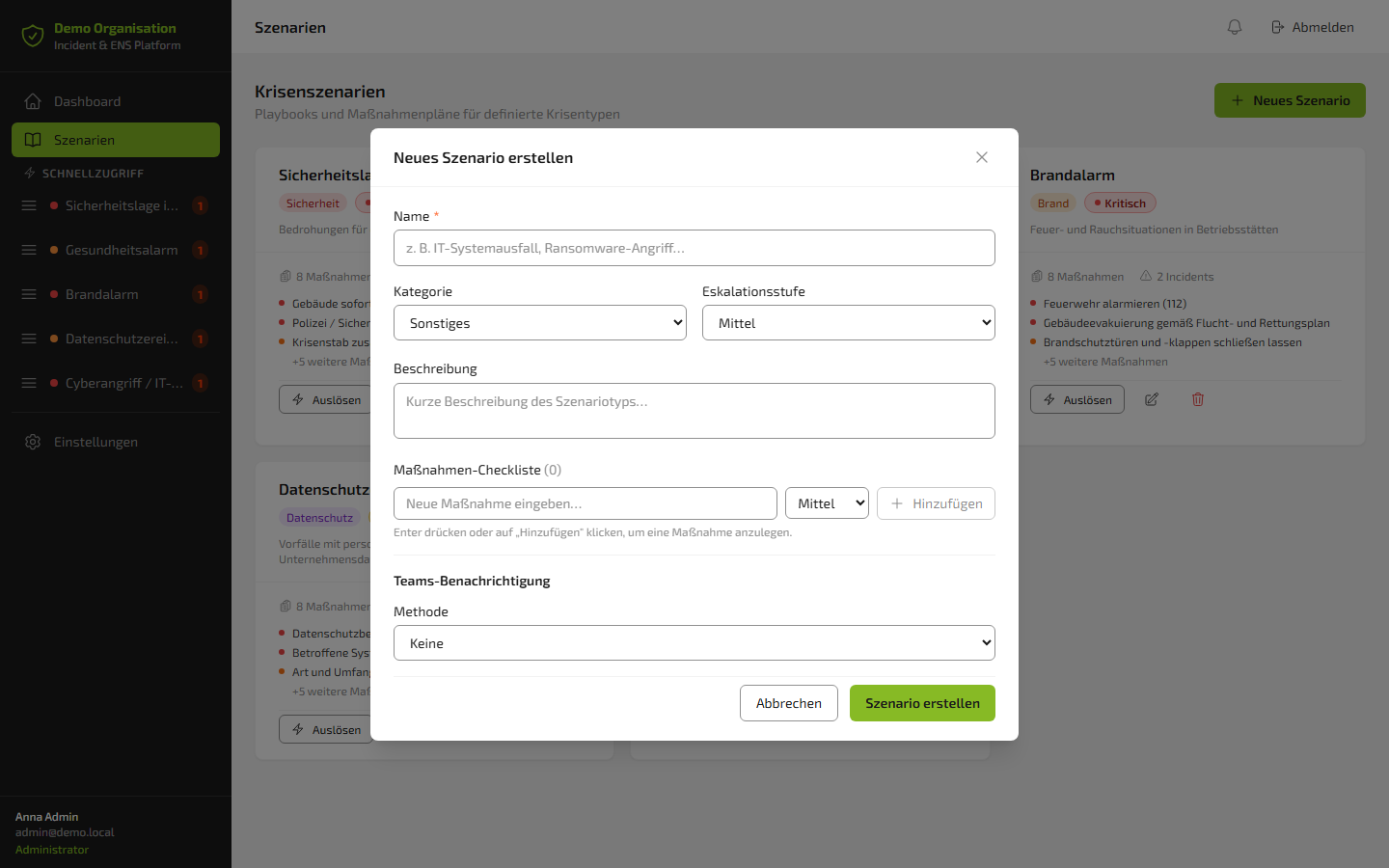 Form for creating new crisis scenarios