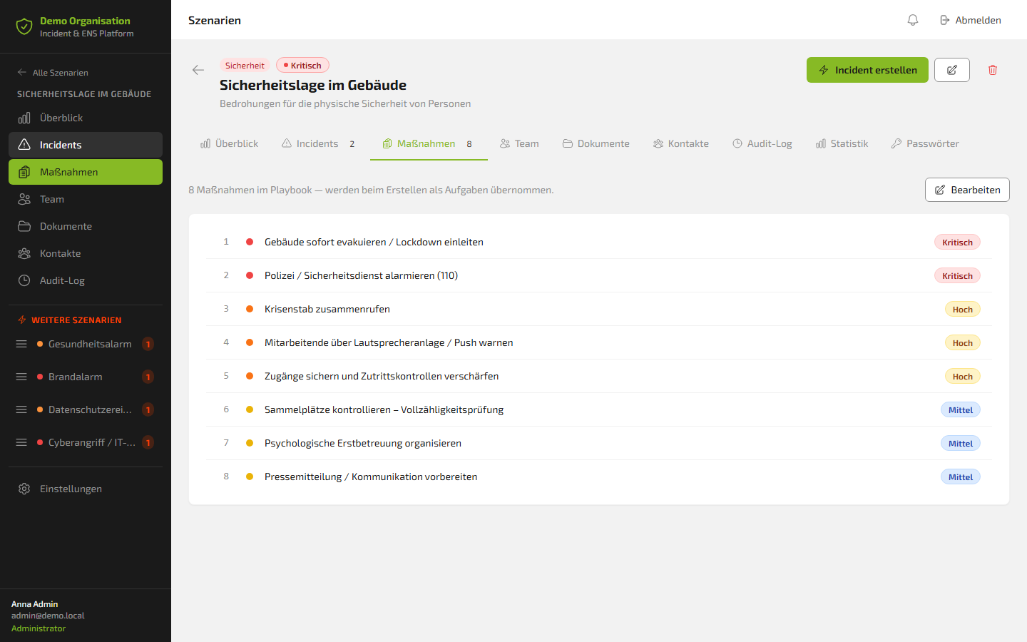 Colour-coded action list of the scenario