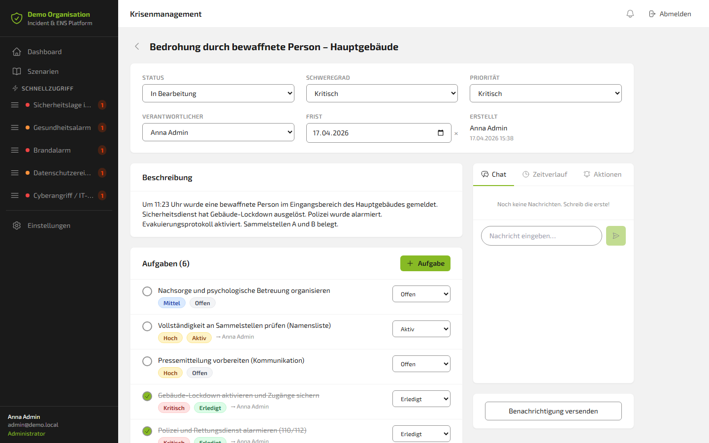 Incident detail view with live task list