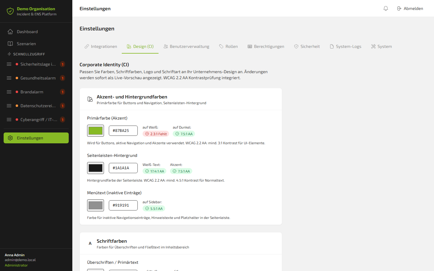 Corporate identity configuration with WCAG check