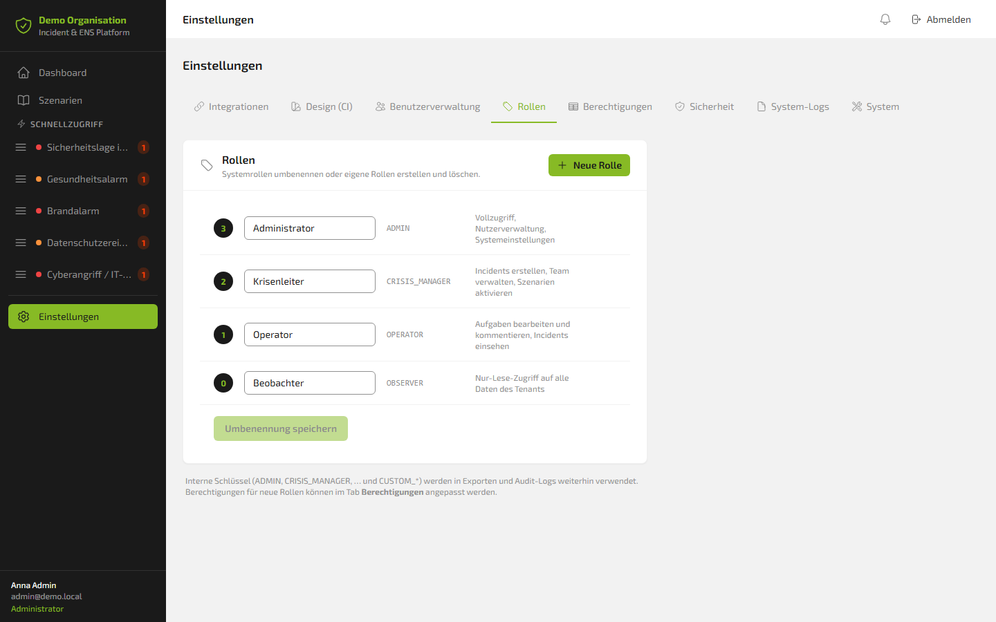 Role configuration in the settings