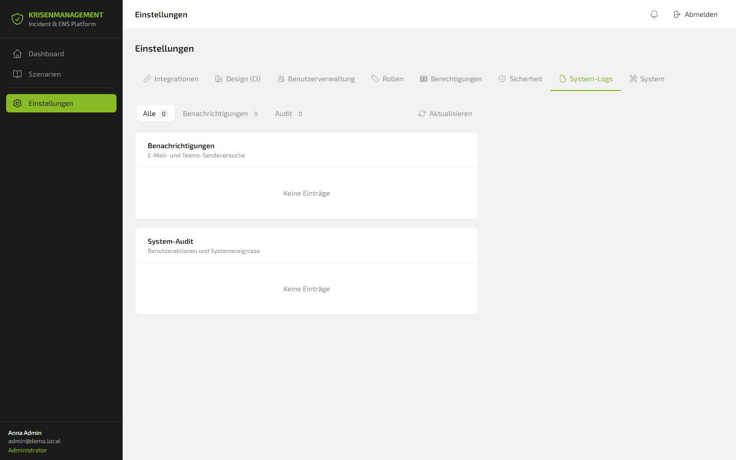 System logs with notifications and audit areas