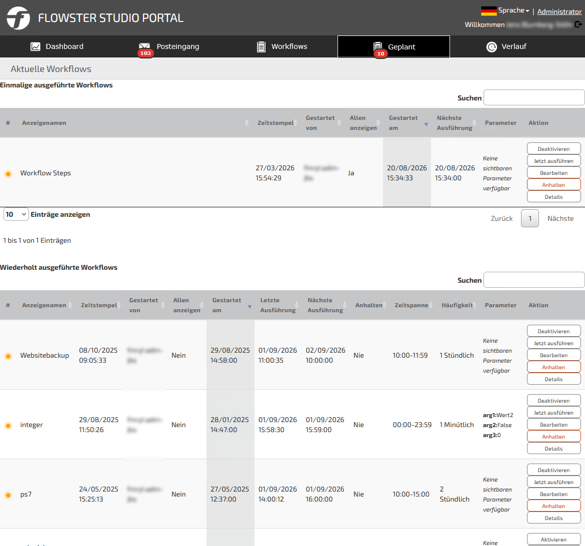 FLOWSTER 5.6 scheduled workflows in the portal